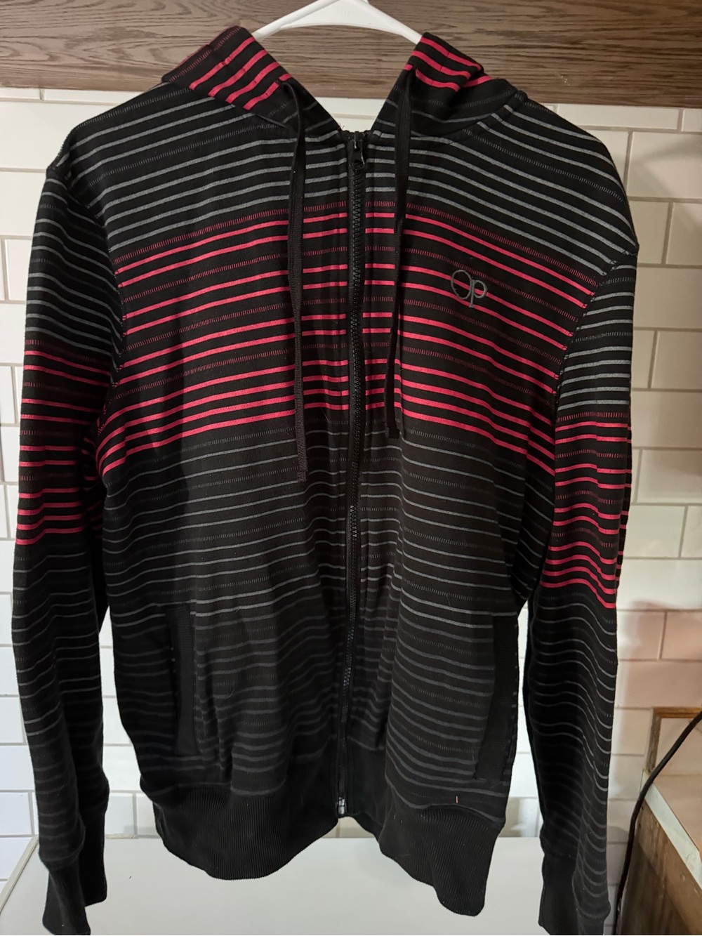 OP Black Hoodie with Red and Gray Stripes